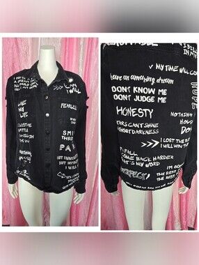 Victorious Black Inspiration Quotes Distressed Denim Jacket Size Medium Unisex